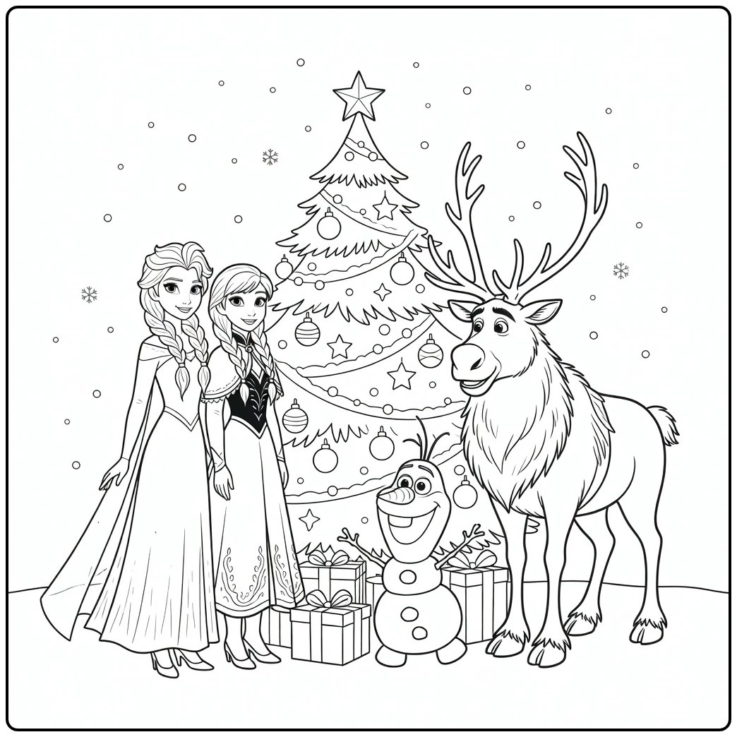 Leuke kleurplaat kerst frozen met Elsa Anna Olaf en Sven.