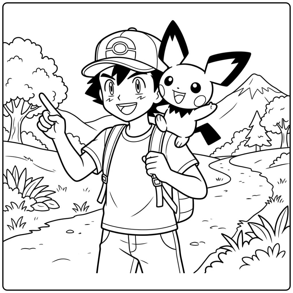 Satoshi wijst naar de verte met kleurplaat pichu bij hem.