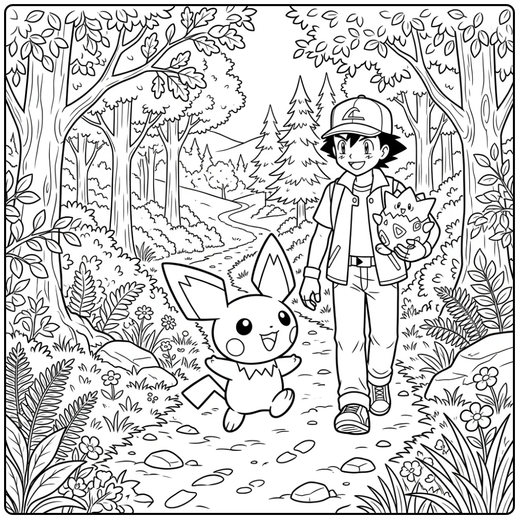 Vrolijke kleurplaat pichu met Ash en Togepi in het bos.