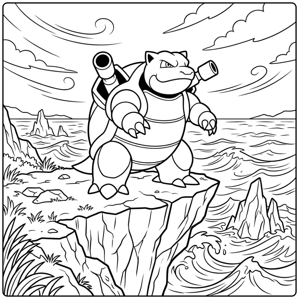 Heroïsche kleurplaat pokemon blastoise op een klif aan zee.