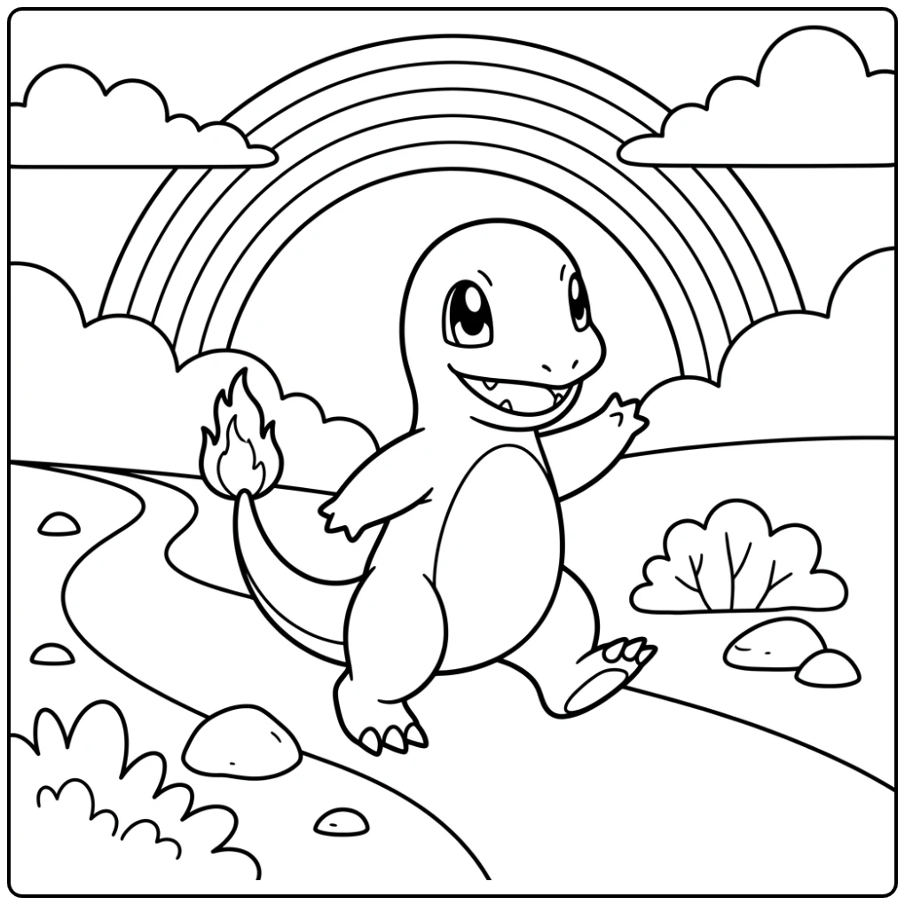 Charmander loopt vrolijk onder een kleurplaat pokemon regenboog