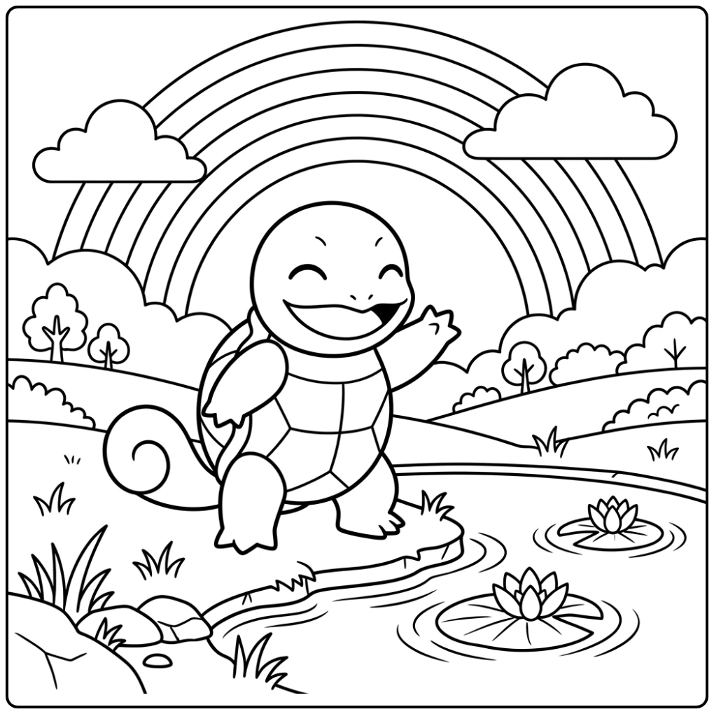 Squirtle bij de vrolijke vijver met een kleurplaat pokemon regenboog.