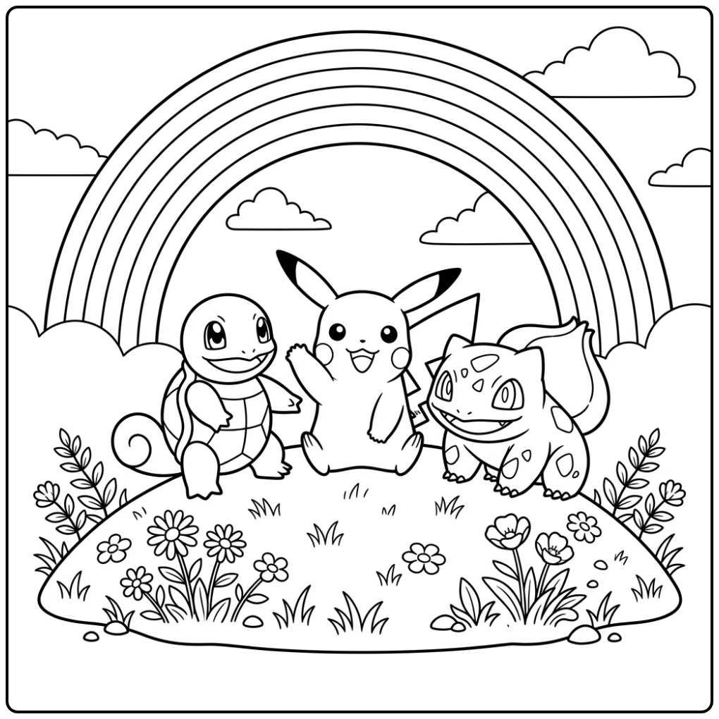 kleurplaat pokemon regenboog met Pikachu, Squirtle en Bulbasaur op een heuvel