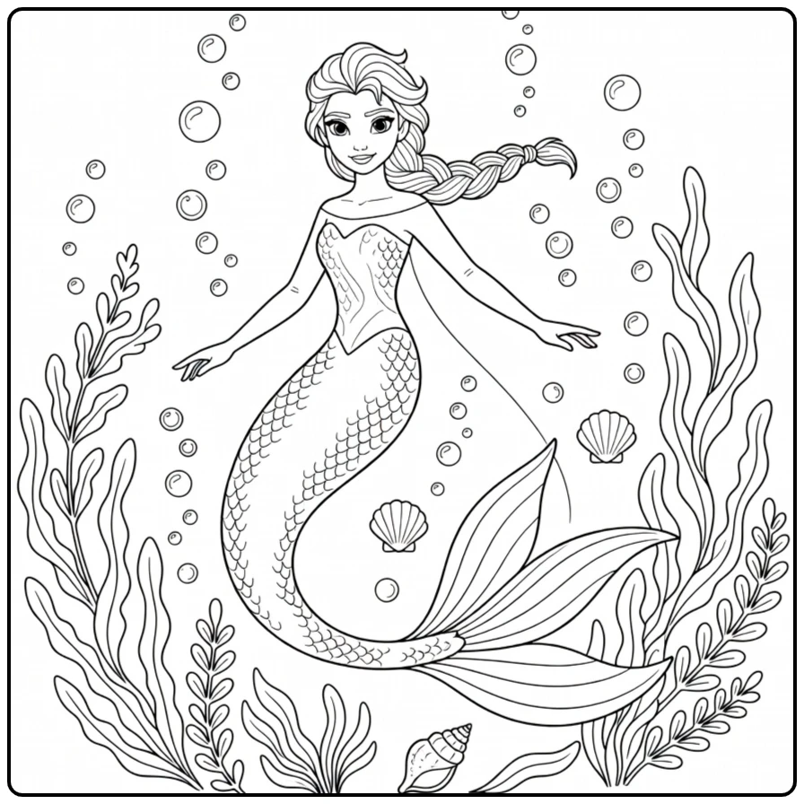 Mooie kleurplaat zeemeermin elsa zwemmend met schelpen.