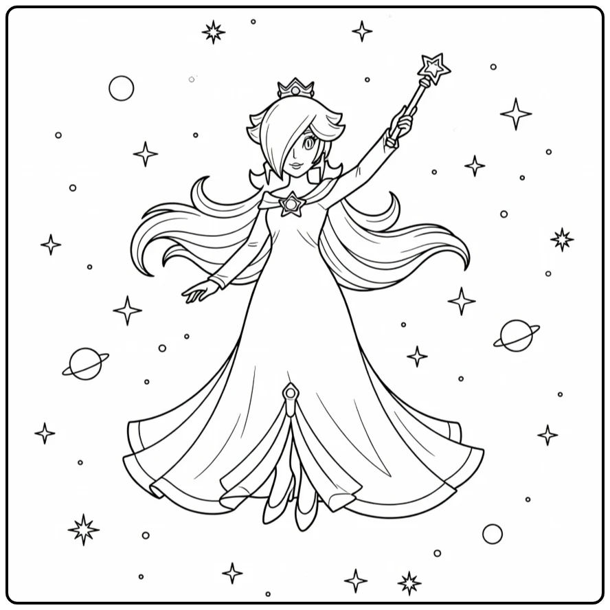 Magische rosalina kleurplaat in de ruimte met sterren.