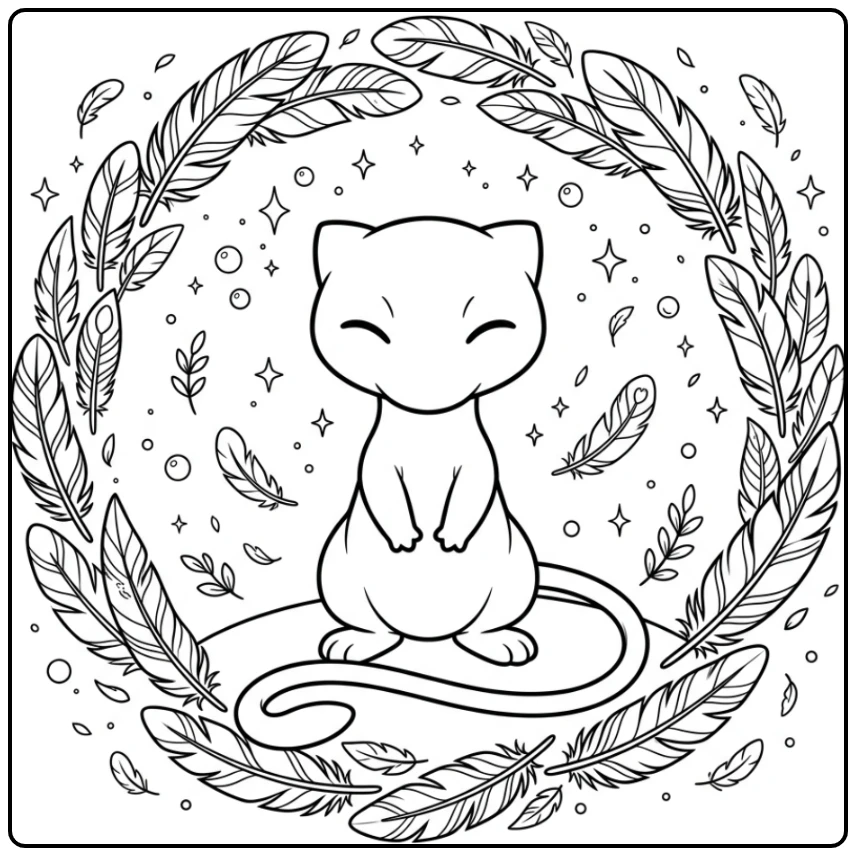 Rustige mew kleurplaat zittend tussen zachte veren.