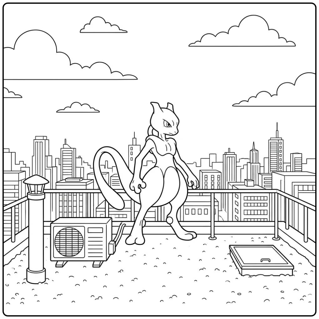 Stoere mewtwo kleurplaat op een hoog stadsgebouw.