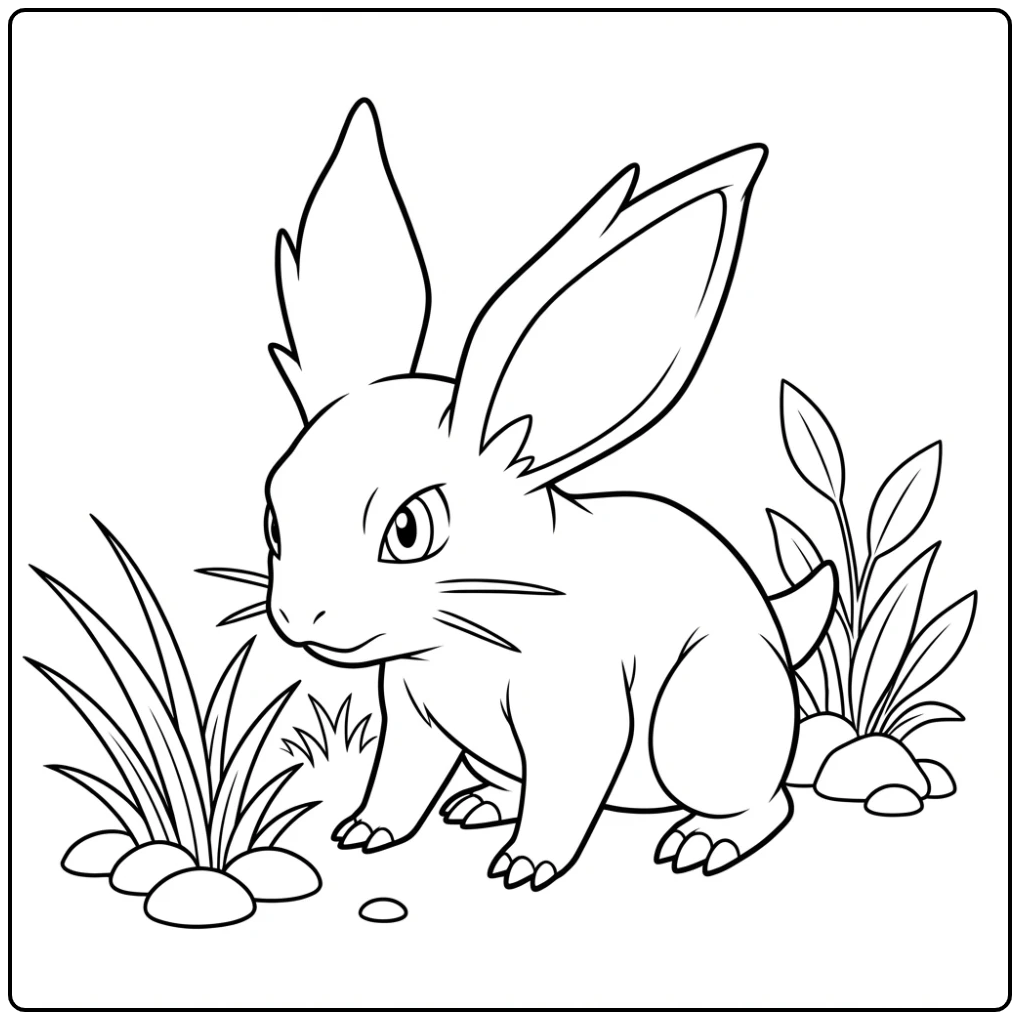 Nidoran♂ kleurplaat: alert luisterend in het gras.