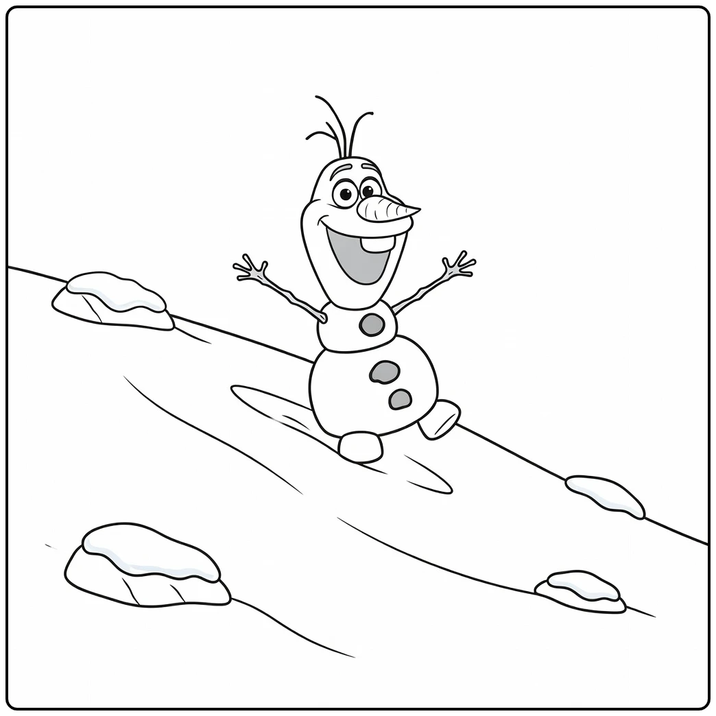 Vrolijke olaf kleurplaat glijdend van een besneeuwde heuvel.