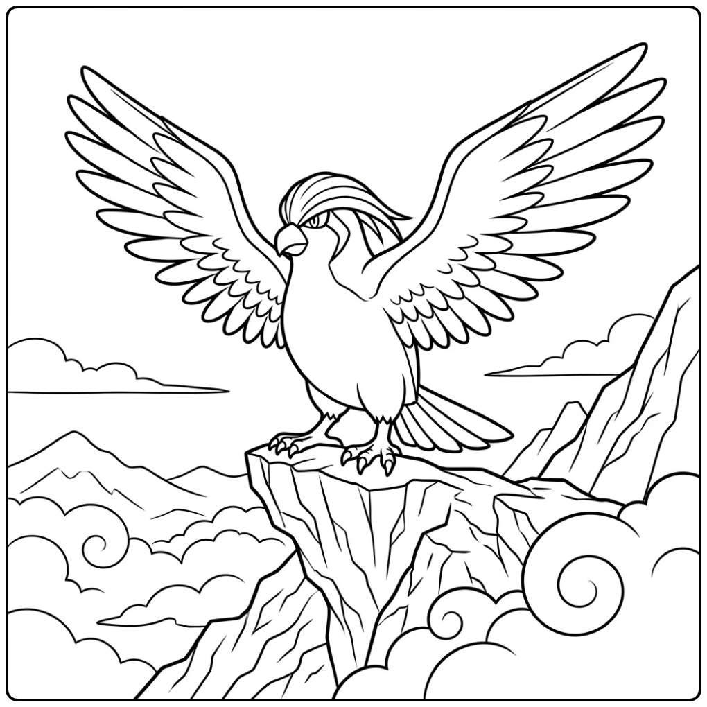Pidgeot kleurplaat op een bergtop met grote vleugels.