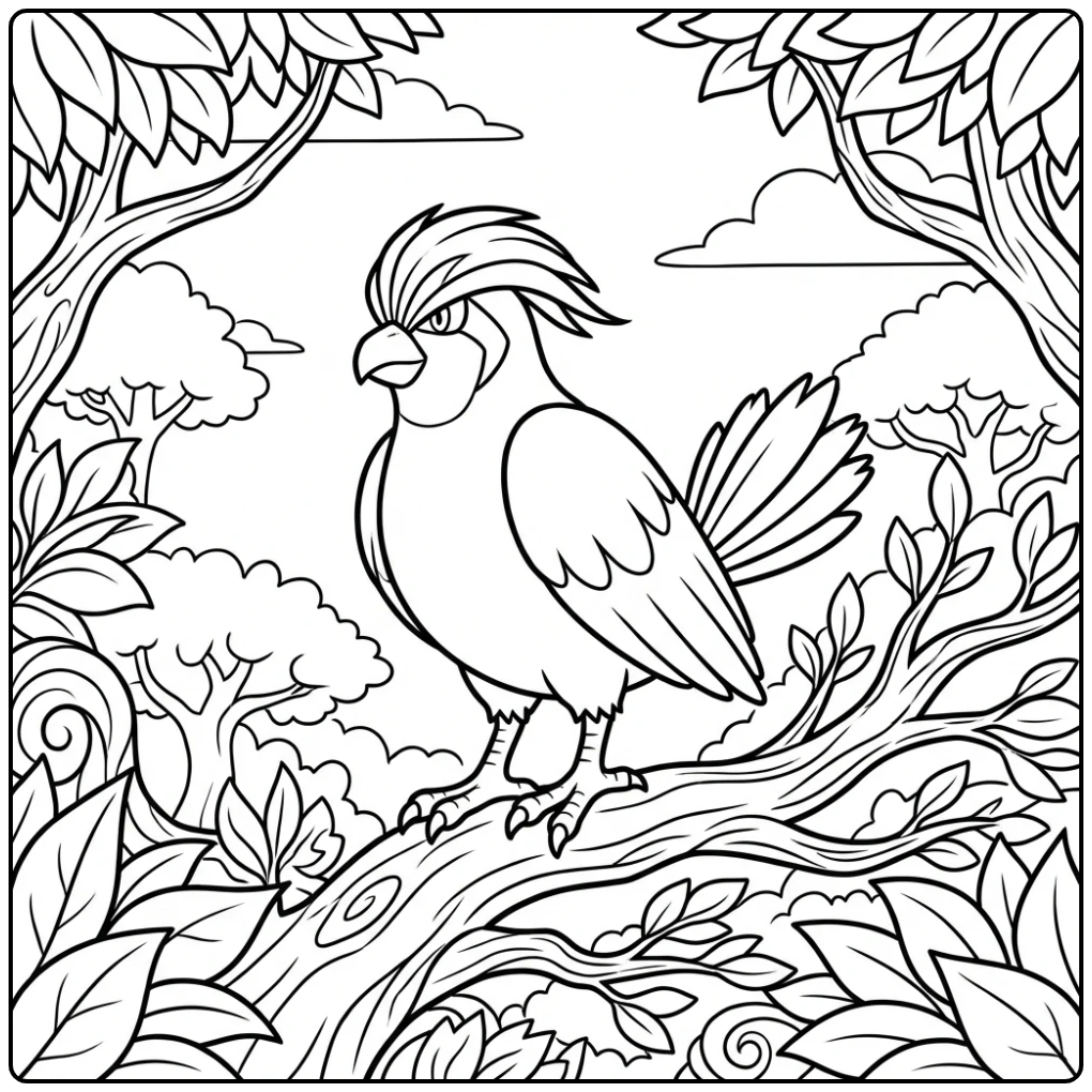 Gedetailleerde Pidgeotto kleurplaat hoog in een boomtop.