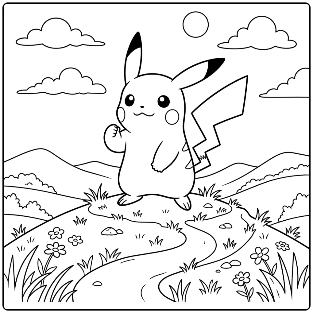 Leuke pikachu kleurplaat op een heuvel met wolkjes.