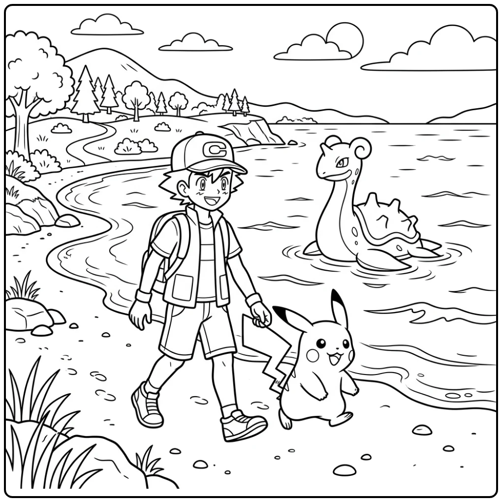 Satoshi en een pikachu kleurplaat aan de kust met Lapras.