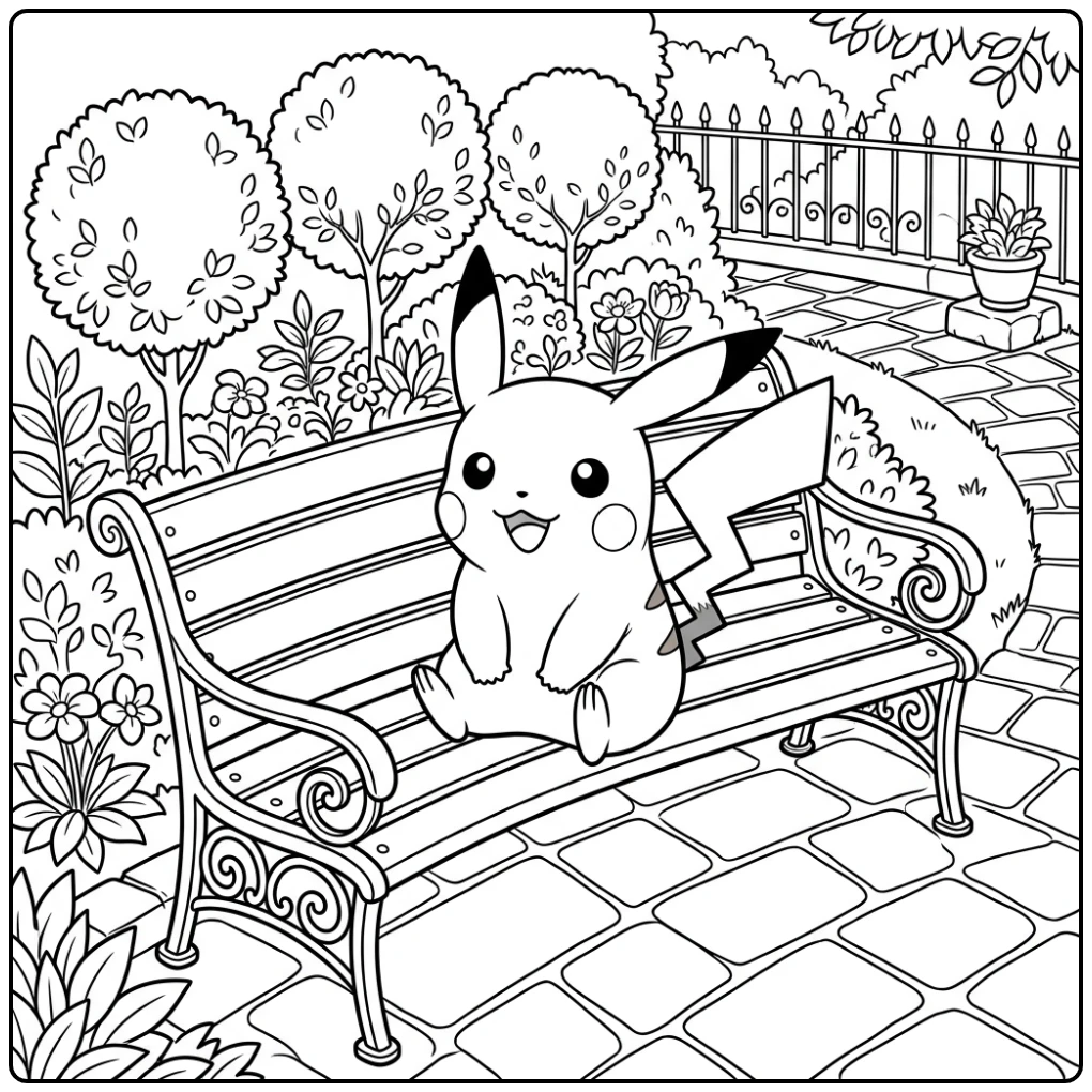 Leuke pikachu kleurplaat op een ronde tuinbank.