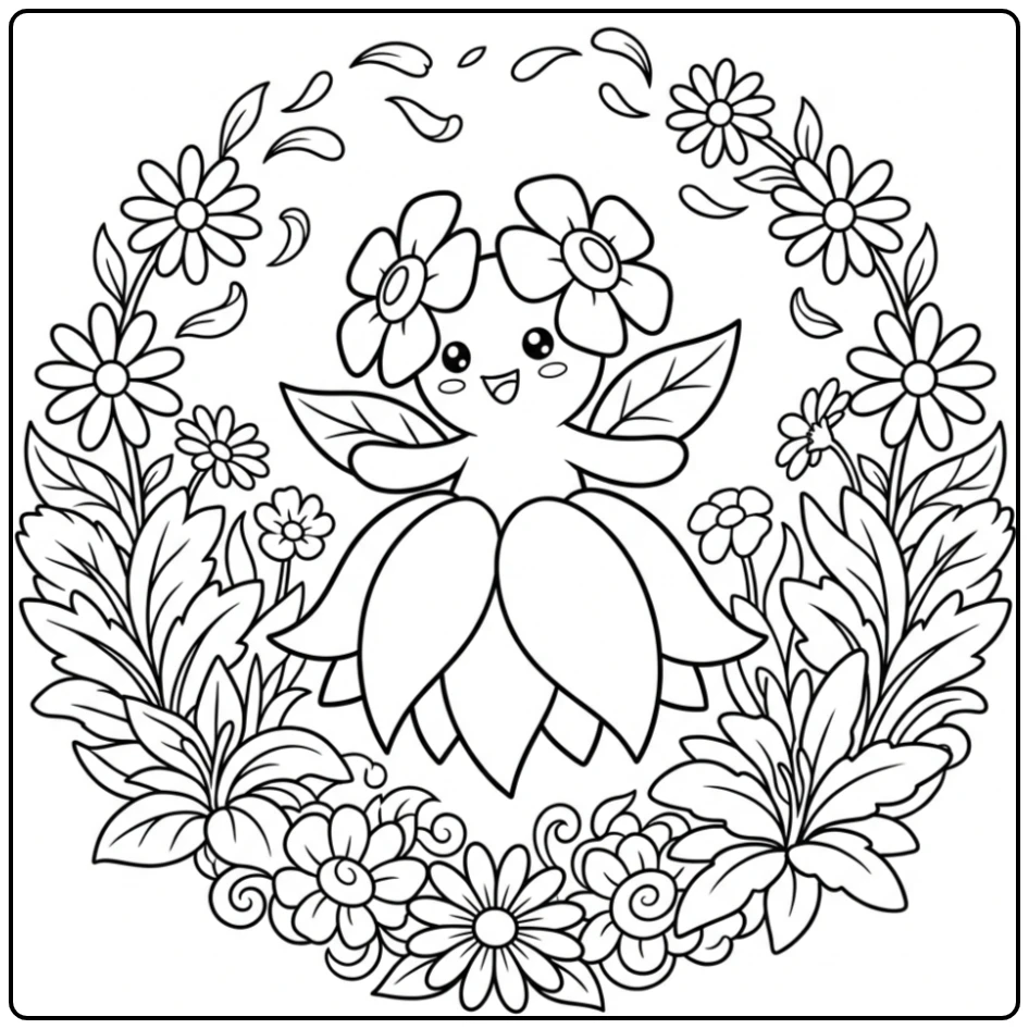 Vrolijk dansende Pokemon Bellossom kleurplaat in een tuin.
