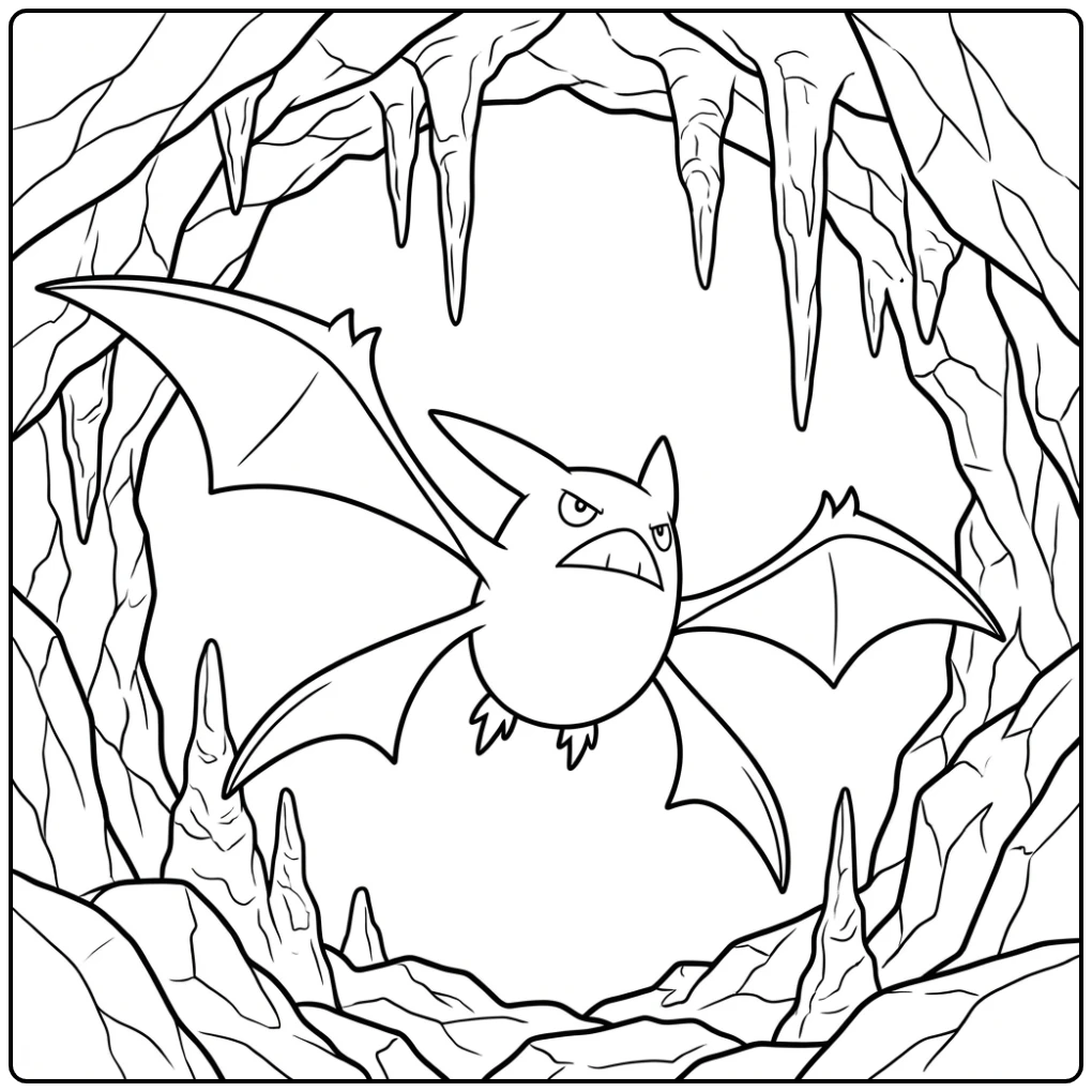 Vliegende Pokemon Crobat kleurplaat in een donkere grot.