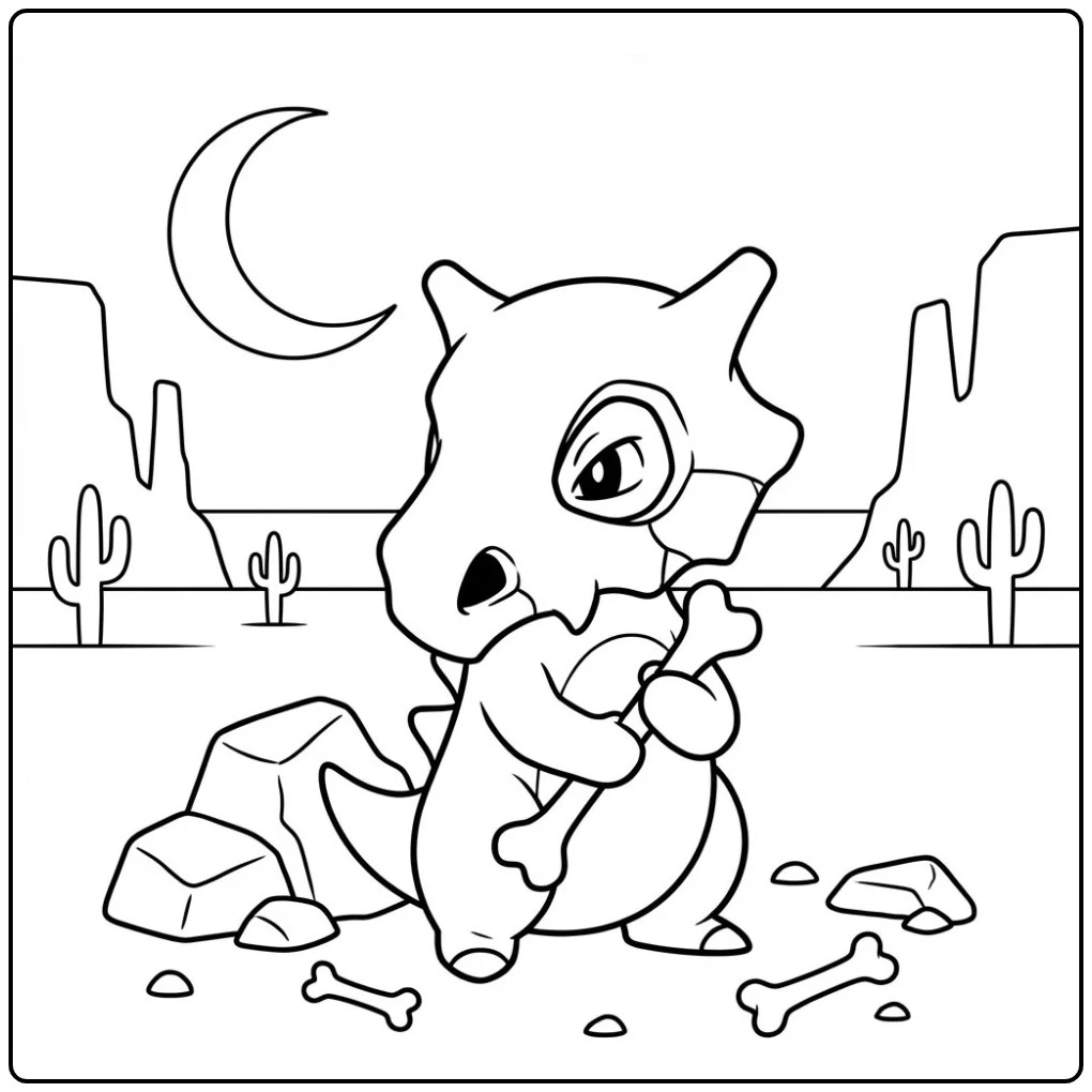 Pokemon Cubone kleurplaat in een eenzame maanverlichte kloof.