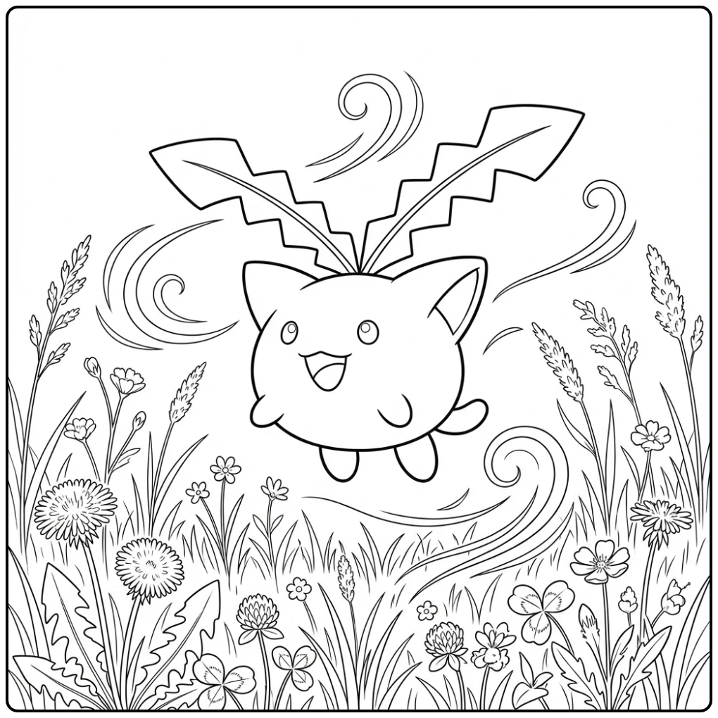 Een vrolijke Pokemon Hoppip kleurplaat in de wind.