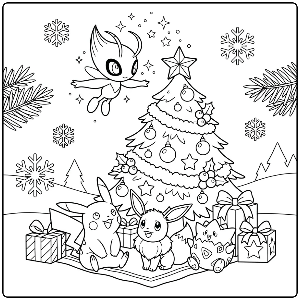 Magische pokemon kerst kleurplaat met Celebi en vrienden