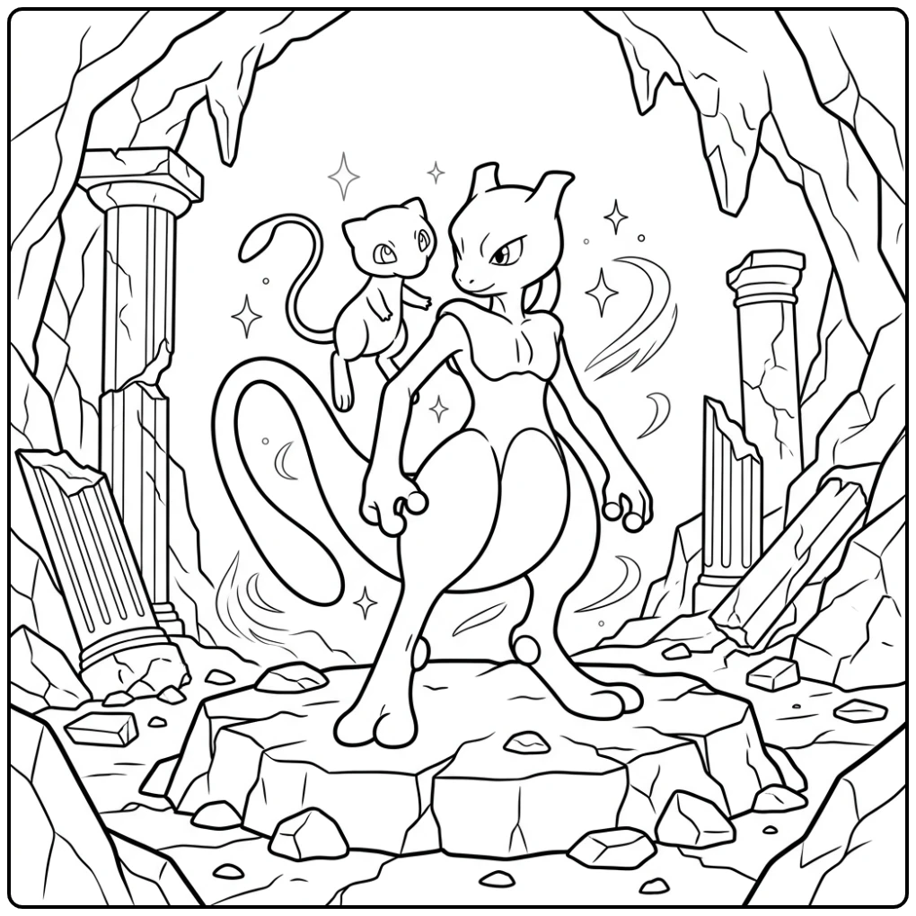 Mooie pokemon kleurplaat mew en mewtwo op een rots.