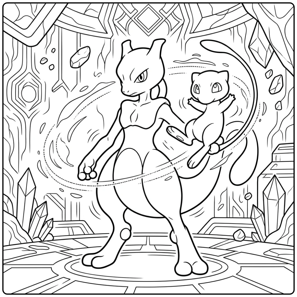 Leuke pokemon kleurplaat mew en mewtwo met energiegolven.