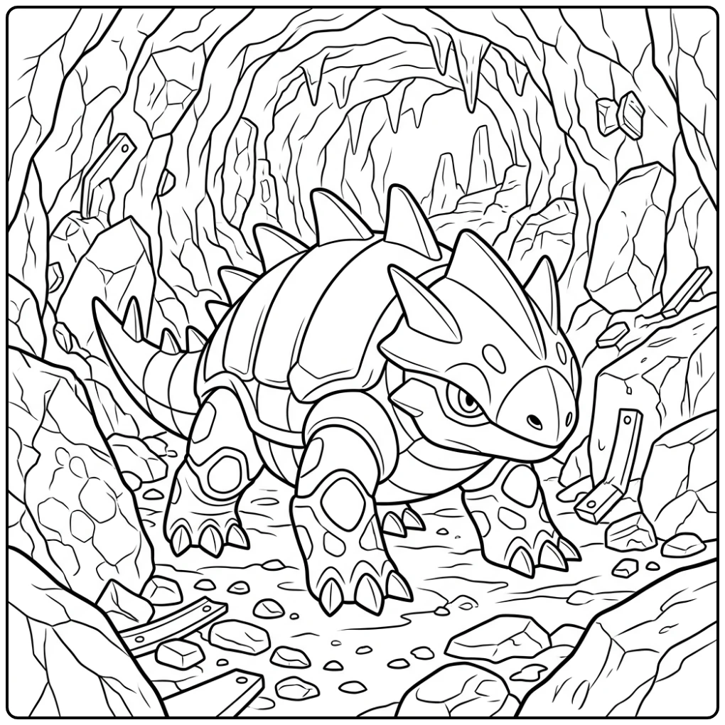 Leuke Pokemon Lairon kleurplaat in een donkere rotstunnel.
