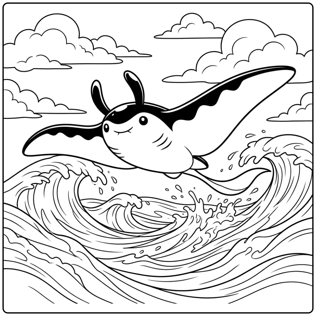 Pokemon Mantine kleurplaat: Mantine zweeft over oceaangolven.