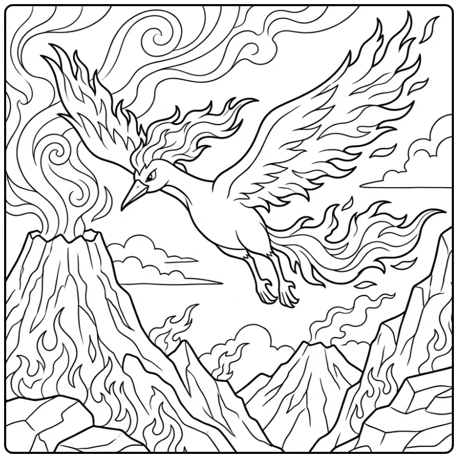 Vliegende vuurvogel op deze Pokemon Moltres kleurplaat.
