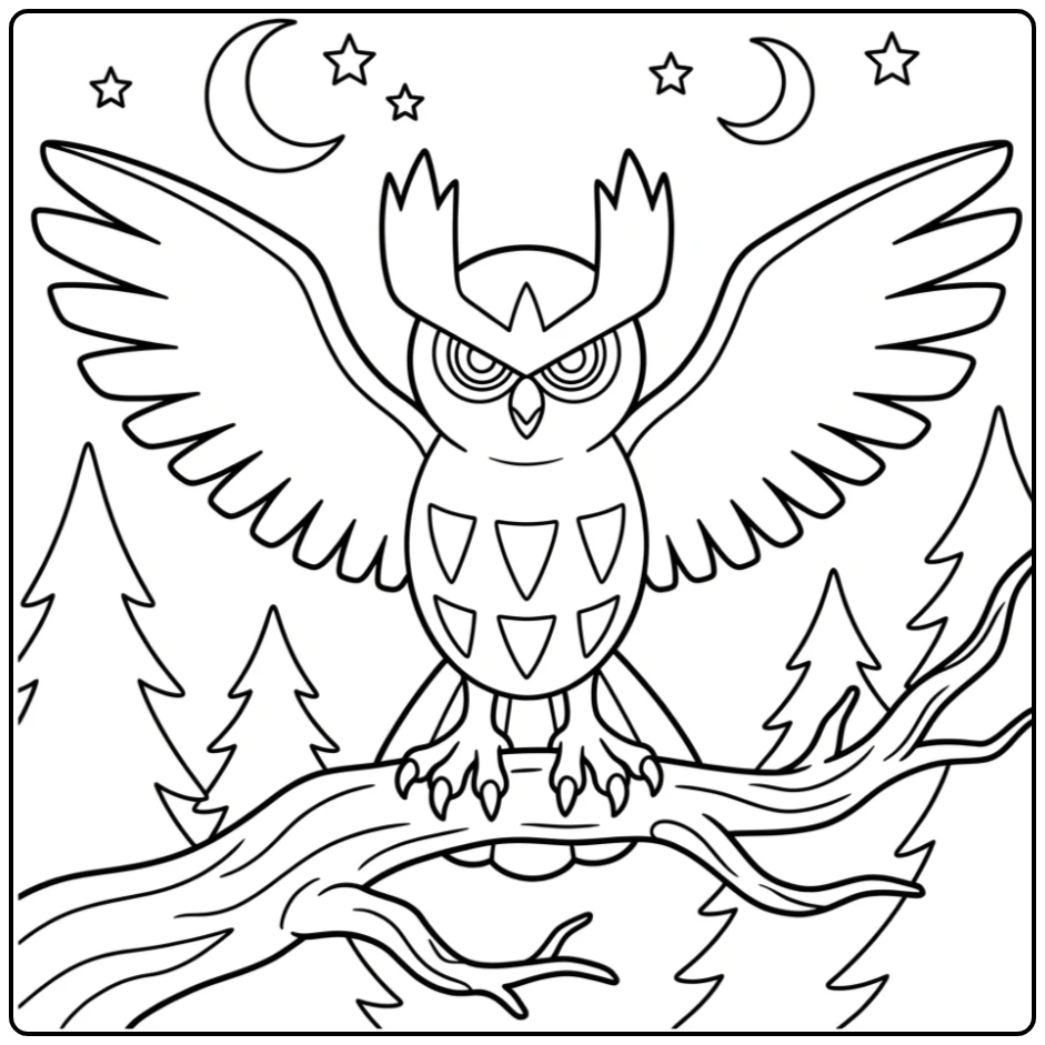Mooie Pokemon Noctowl kleurplaat op een boomtak.