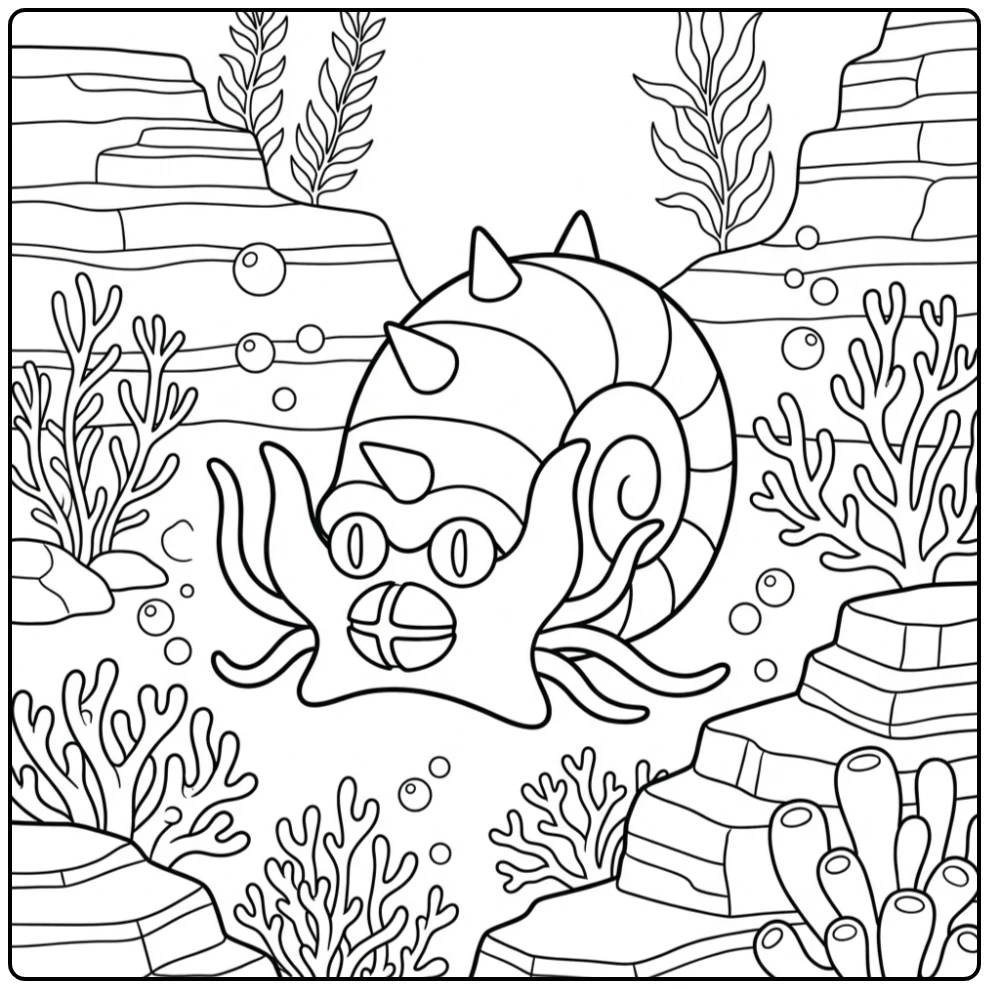 Leuke Pokemon Omastar kleurplaat op de zeebodem met koraal.