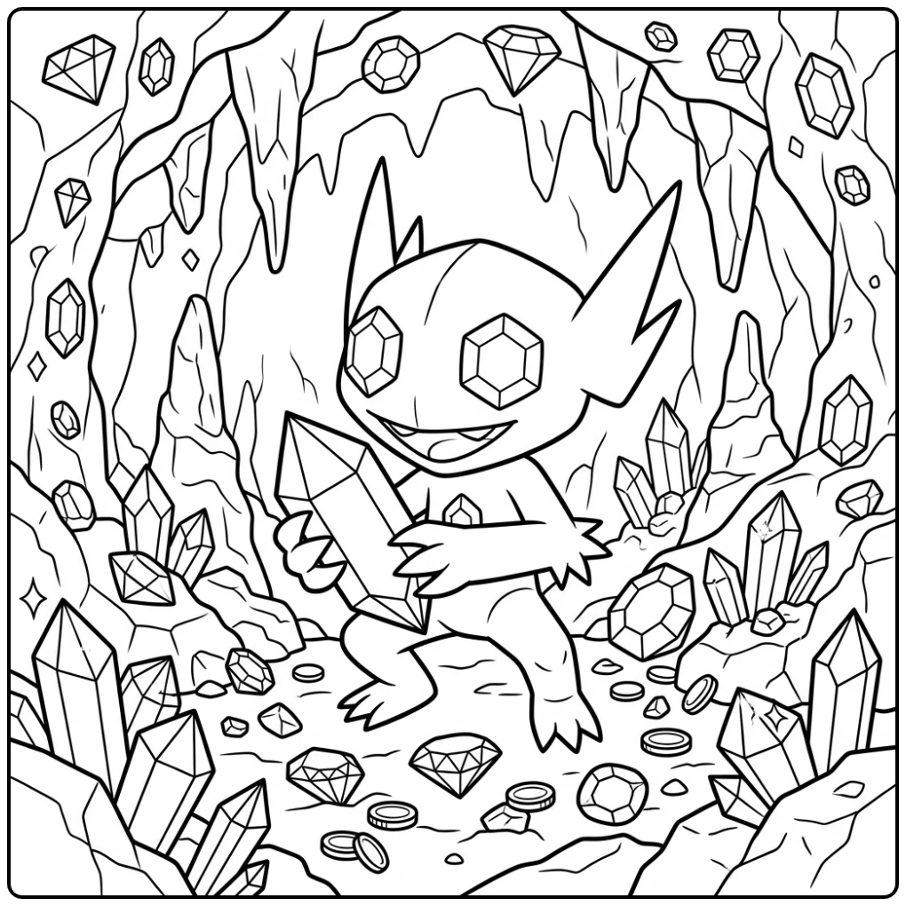 Pokemon Sableye kleurplaat in een grot vol met edelstenen.
