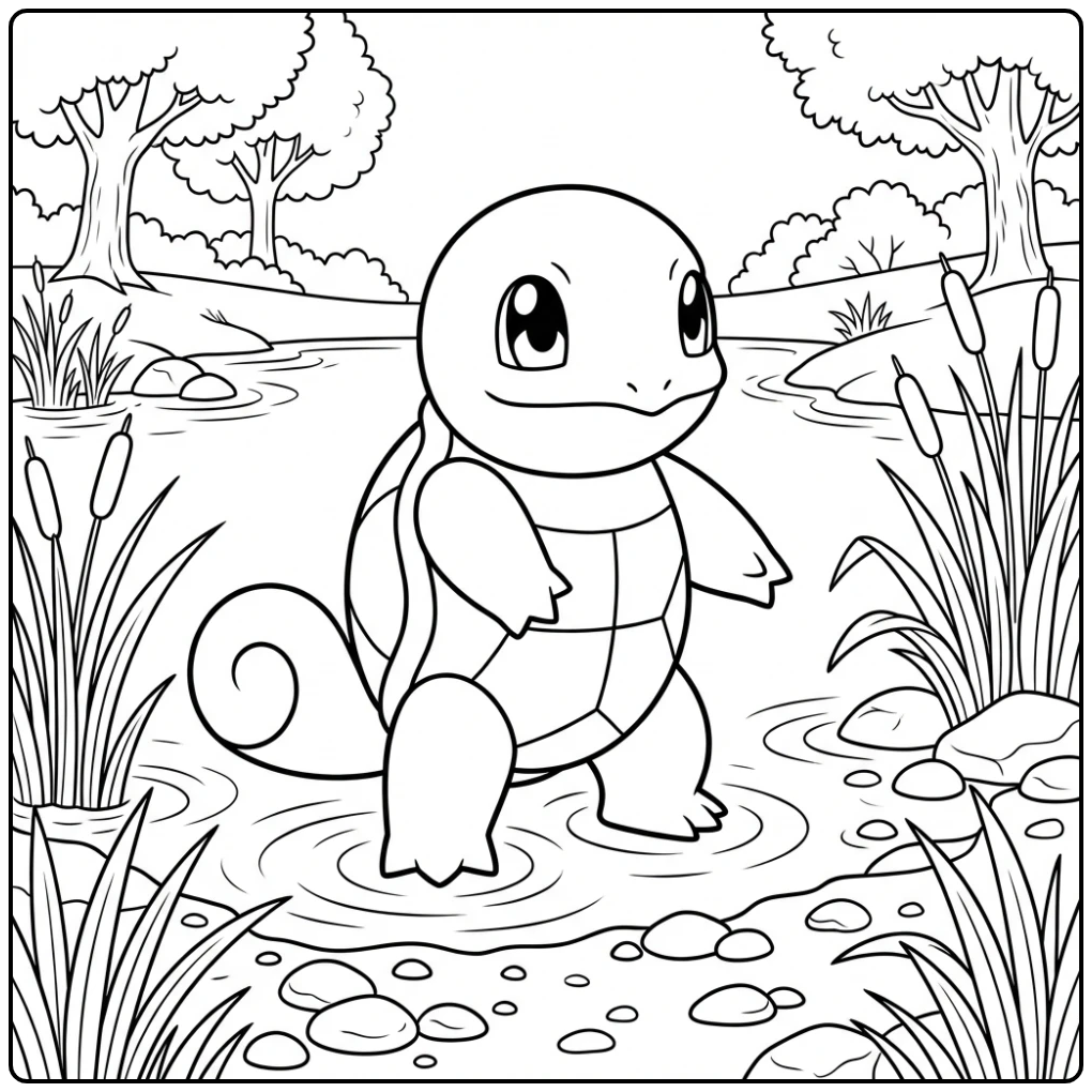 Leuke Squirtle kleurplaat bij een rustige vijver met riet.