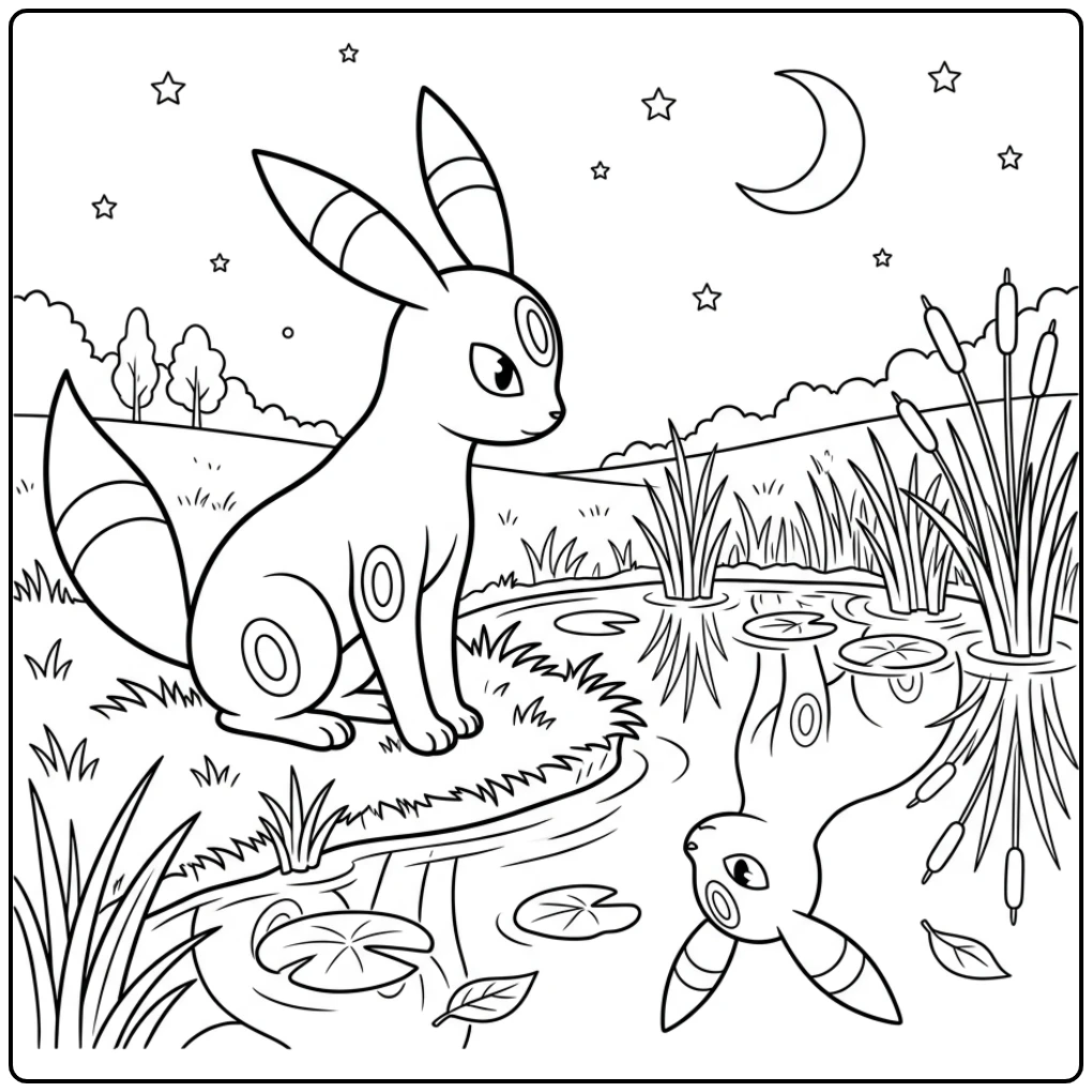 Umbreon kleurplaat van de Pokémon bij een rustige nachtvijver.