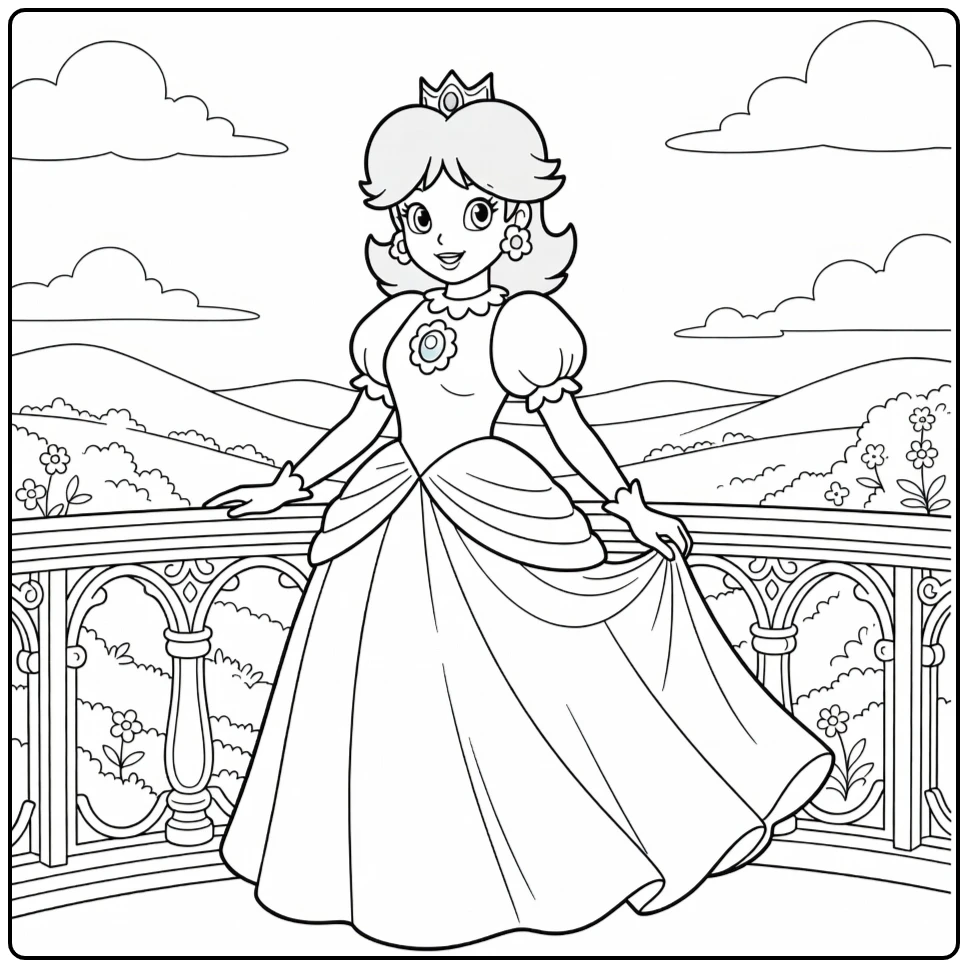 Mooie princess daisy kleurplaat op het paleisbalkon.