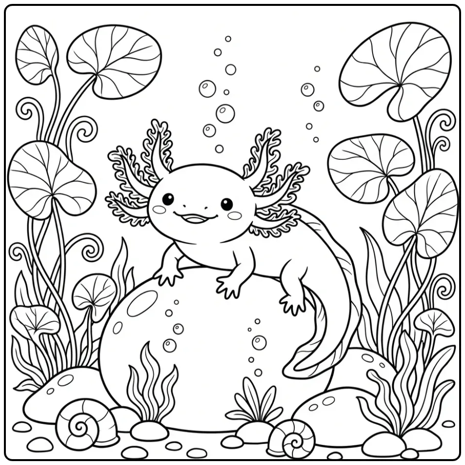 Een schattige axolotl kleurplaat van een baby op een steen.