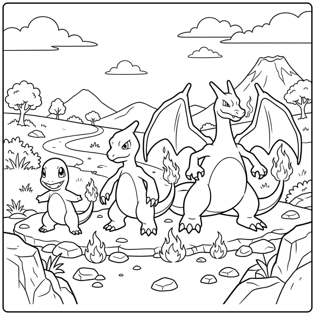 Leuke kleurplaat charmander charmeleon charizard evolutie.