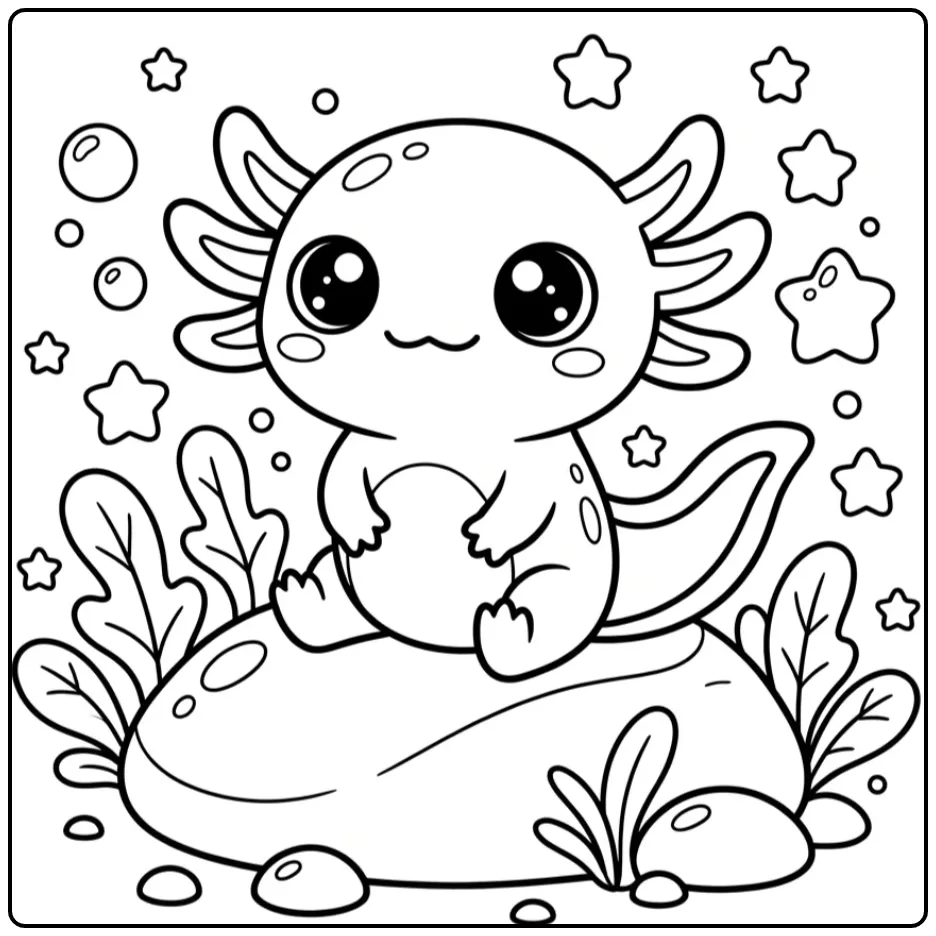Schattige baby kawaii axolotl kleurplaat op een steen