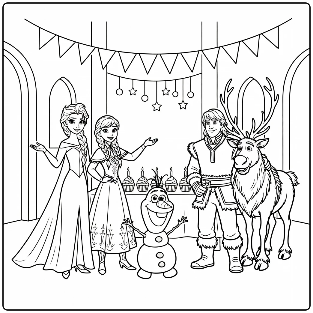 Leuke kleurplaat frozen verjaardag met Elsa en Anna.