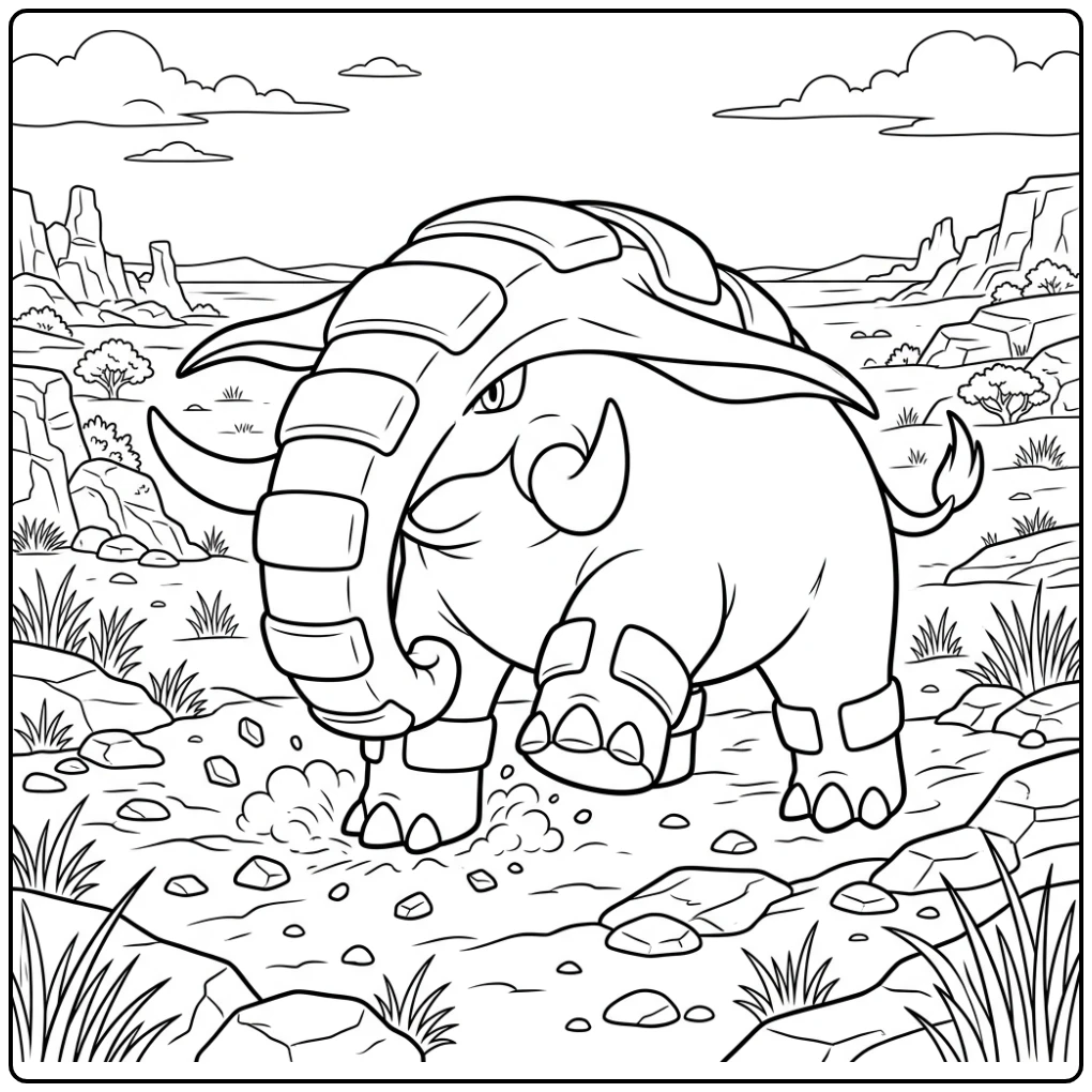 Stoere Pokemon Donphan kleurplaat in een rotsachtig veld.