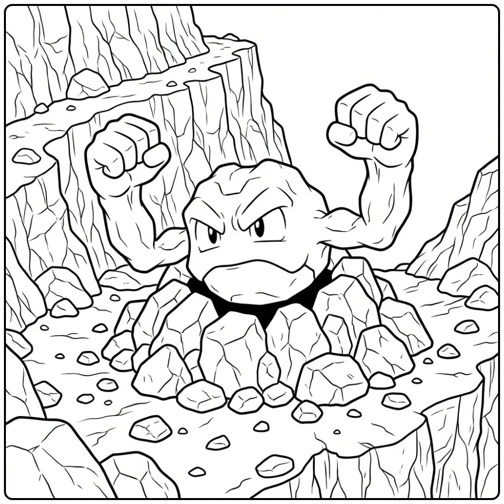 Een stoere Pokemon Geodude kleurplaat op een bergpad.