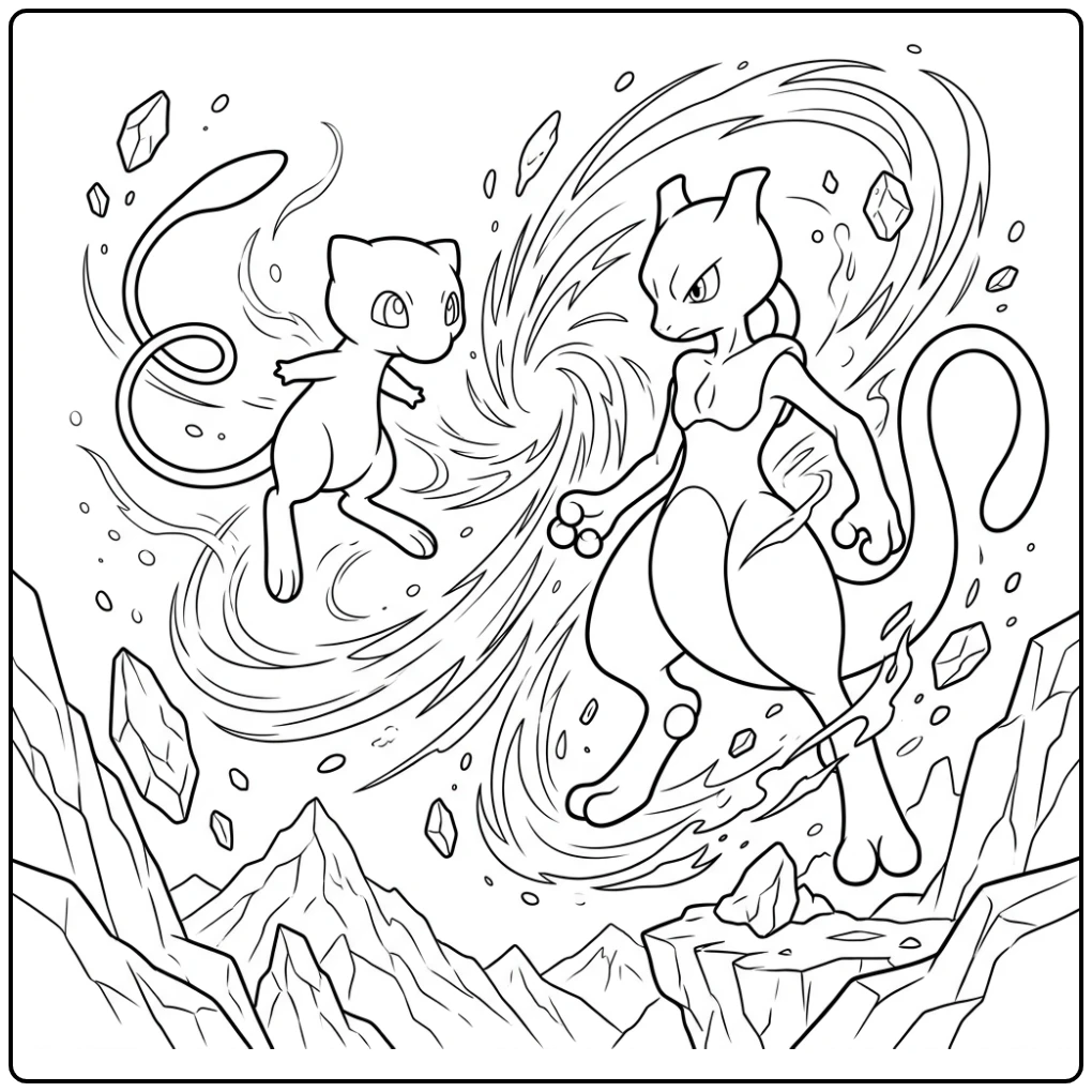 Spannende pokemon kleurplaat mew en mewtwo in gevecht.