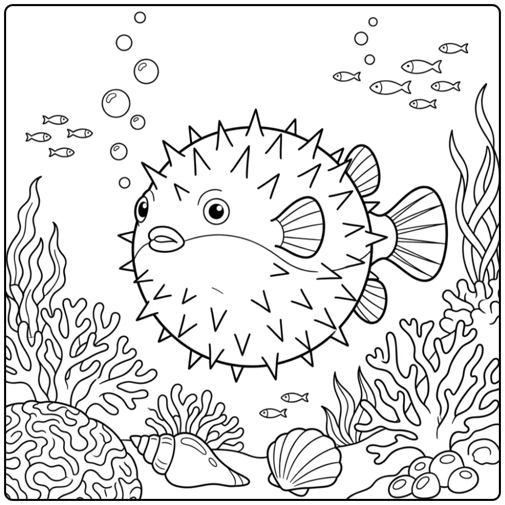 Pokemon Qwilfish kleurplaat met koraal en schelpen.