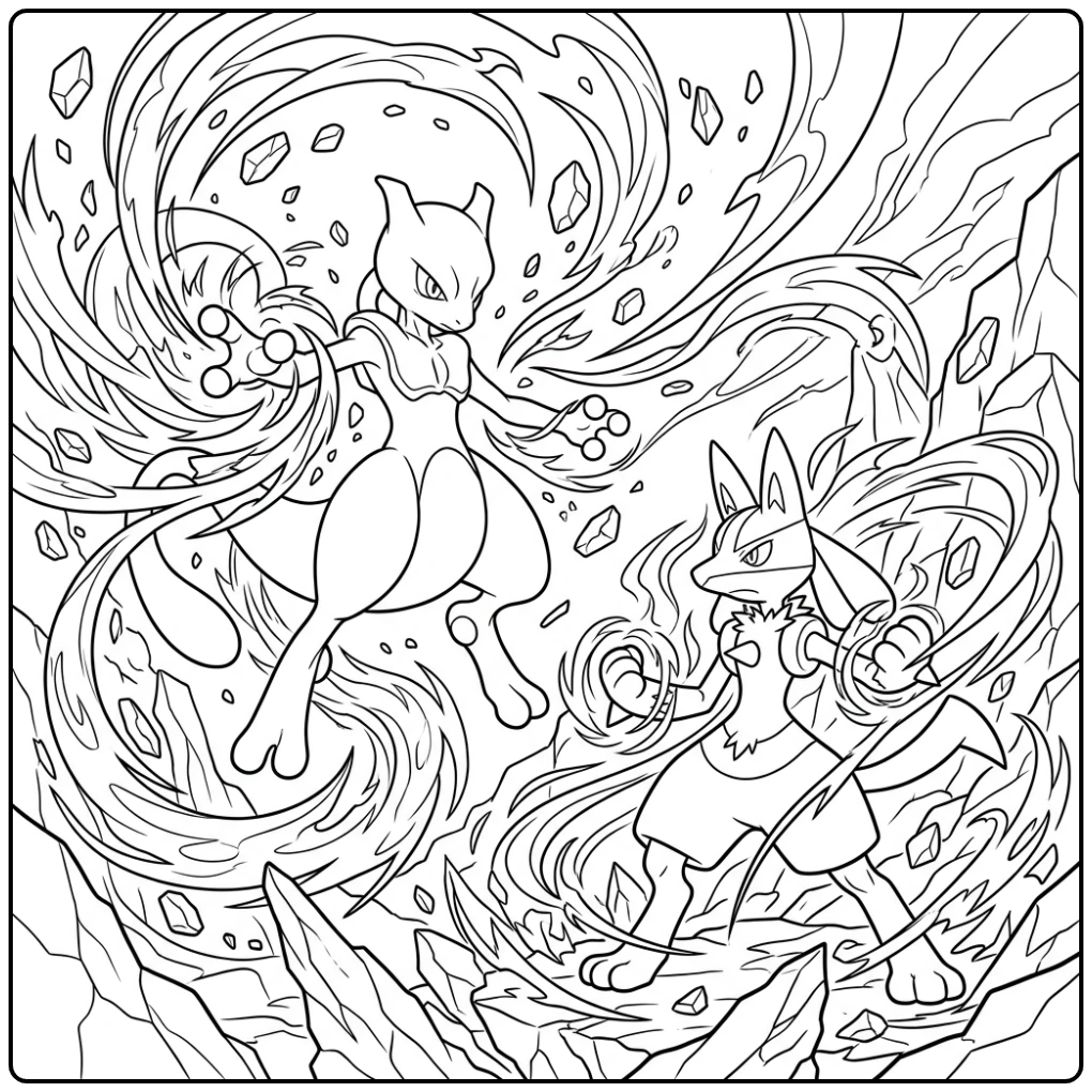 Mewtwo en Lucario: intense kleurplaat pokemon moeilijk gevecht scene.