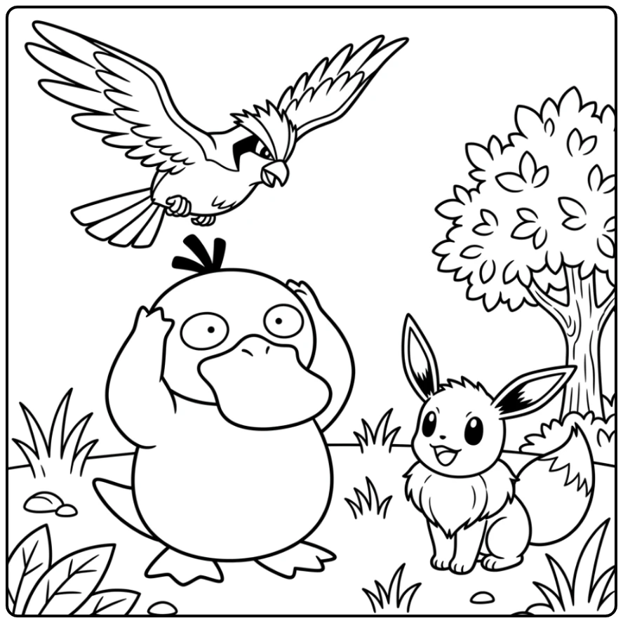Verraste psyduck kleurplaat met Eevee en Pidgey in de lucht.