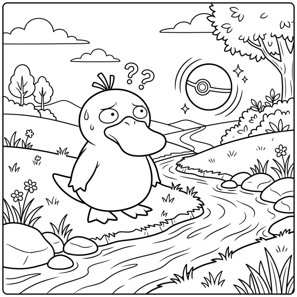 Nieuwsgierige psyduck kleurplaat bij stroom met zwevende Pokeball