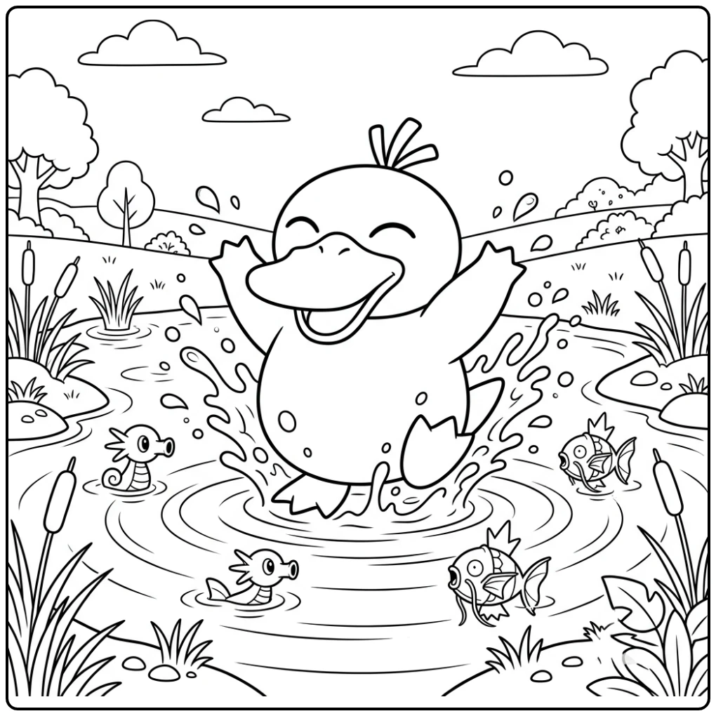 Vrolijke psyduck kleurplaat, spatten in water met visjes