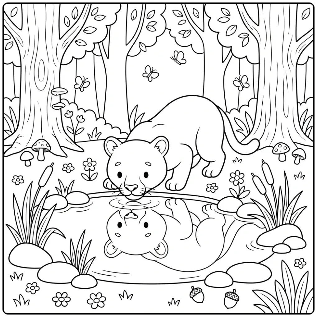 Schattige puma kleurplaat drinkend uit een kalme bosvijver.