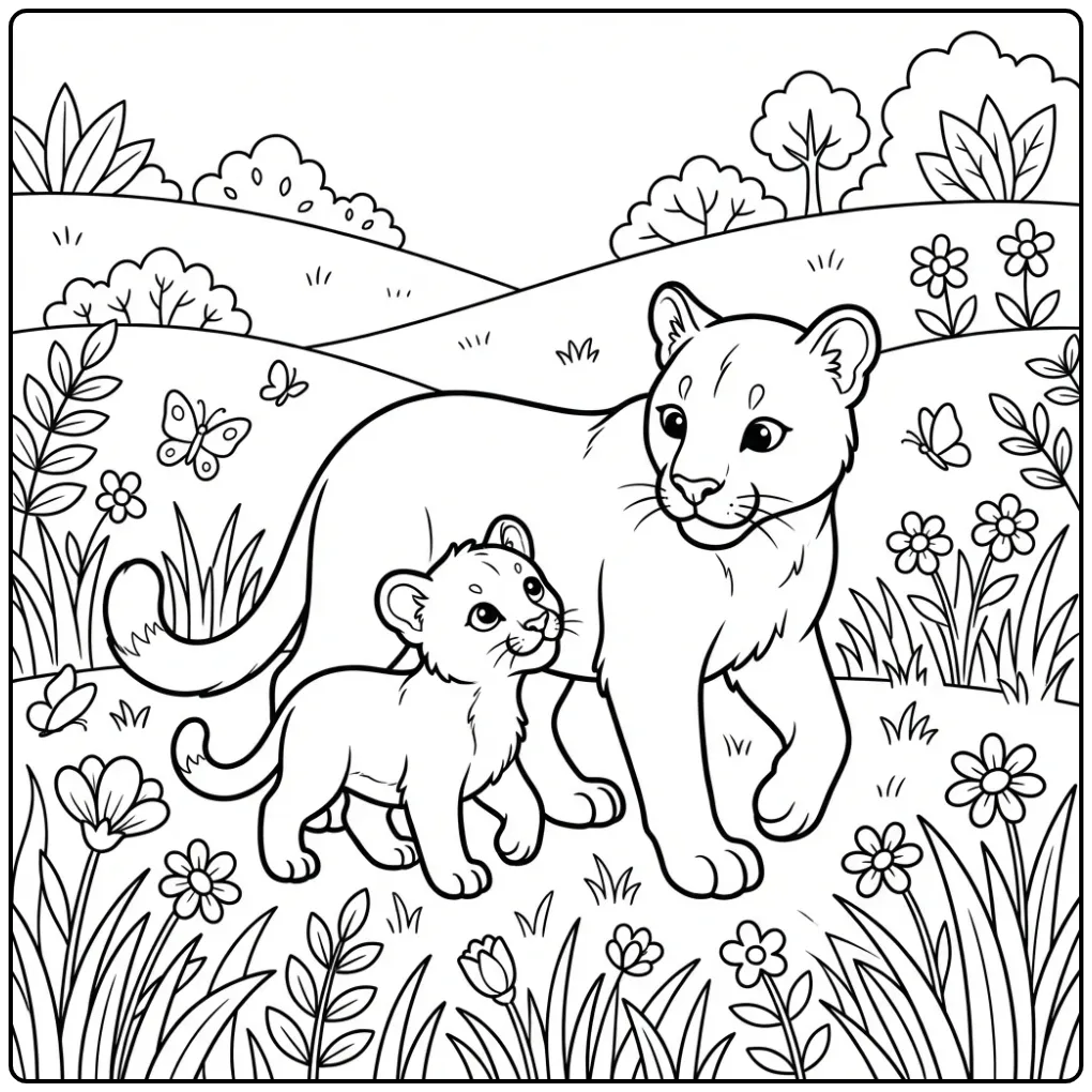 Leuke puma kleurplaat met moeder en welp lopend door gras.