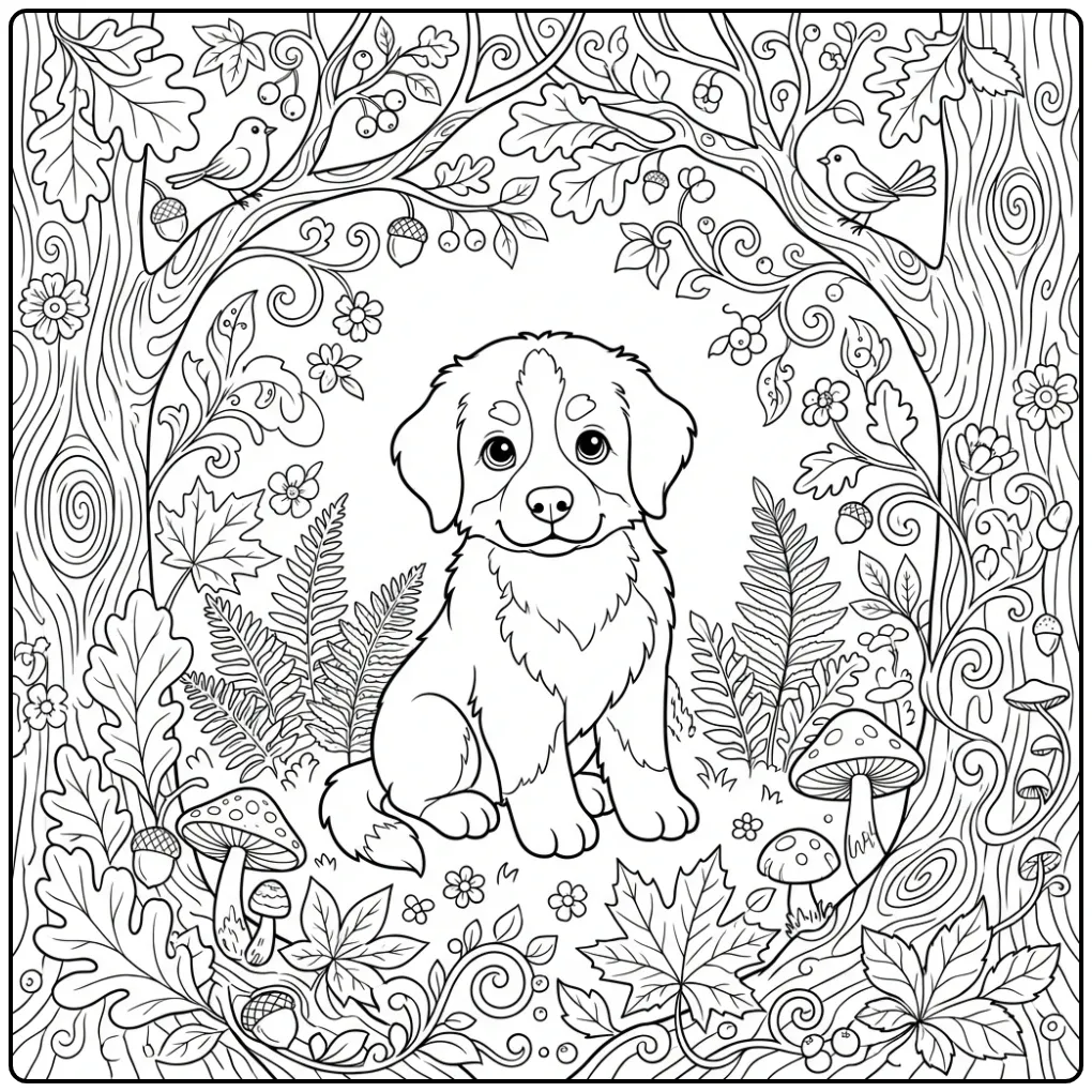 Berner Sennen puppy kleurplaat volwassenen in bos.