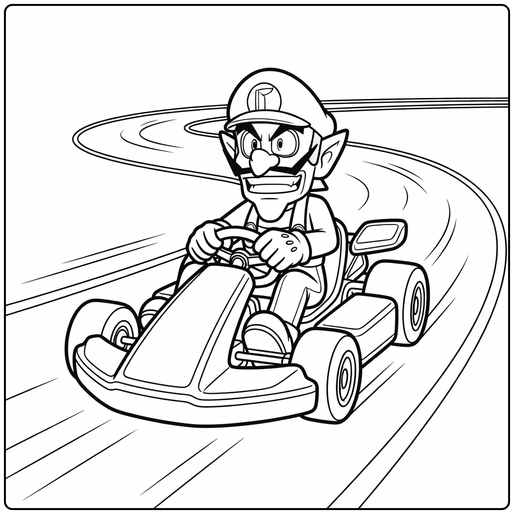 Spannende waluigi kleurplaat in een snelle racekart.